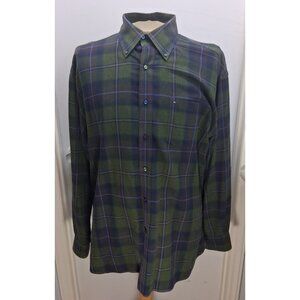 Tommy Hilfiger Men's Shirt XL 17.5/36 Plaid 100% Cotton Flannel Green Pocket EUC